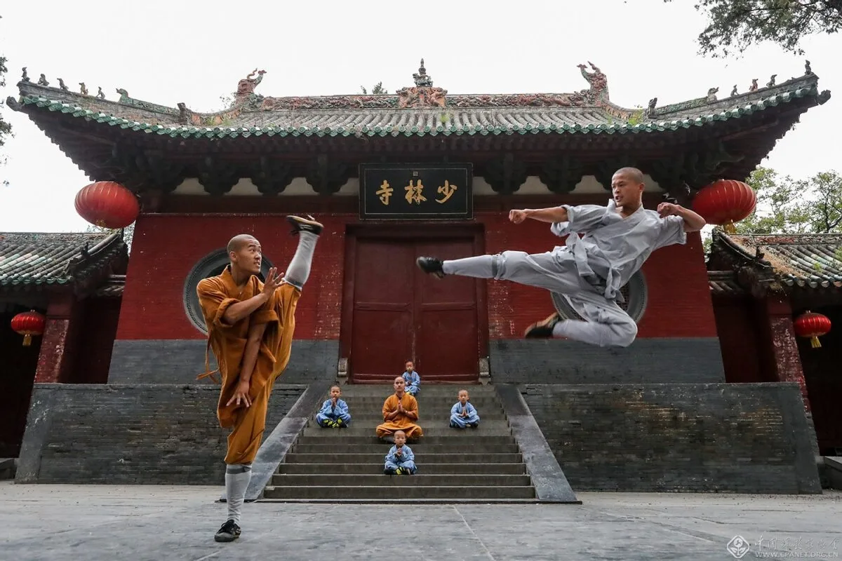 Shaolin Temple monks practicing martial arts in traditional courtyard