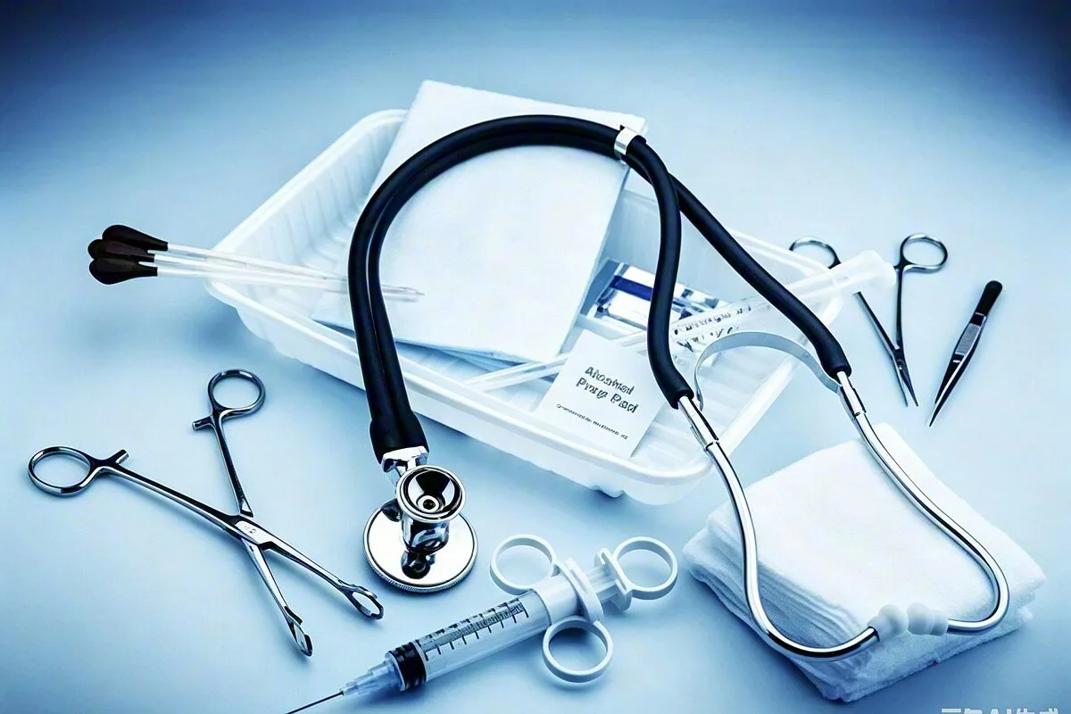 Medical instruments arranged on a desk