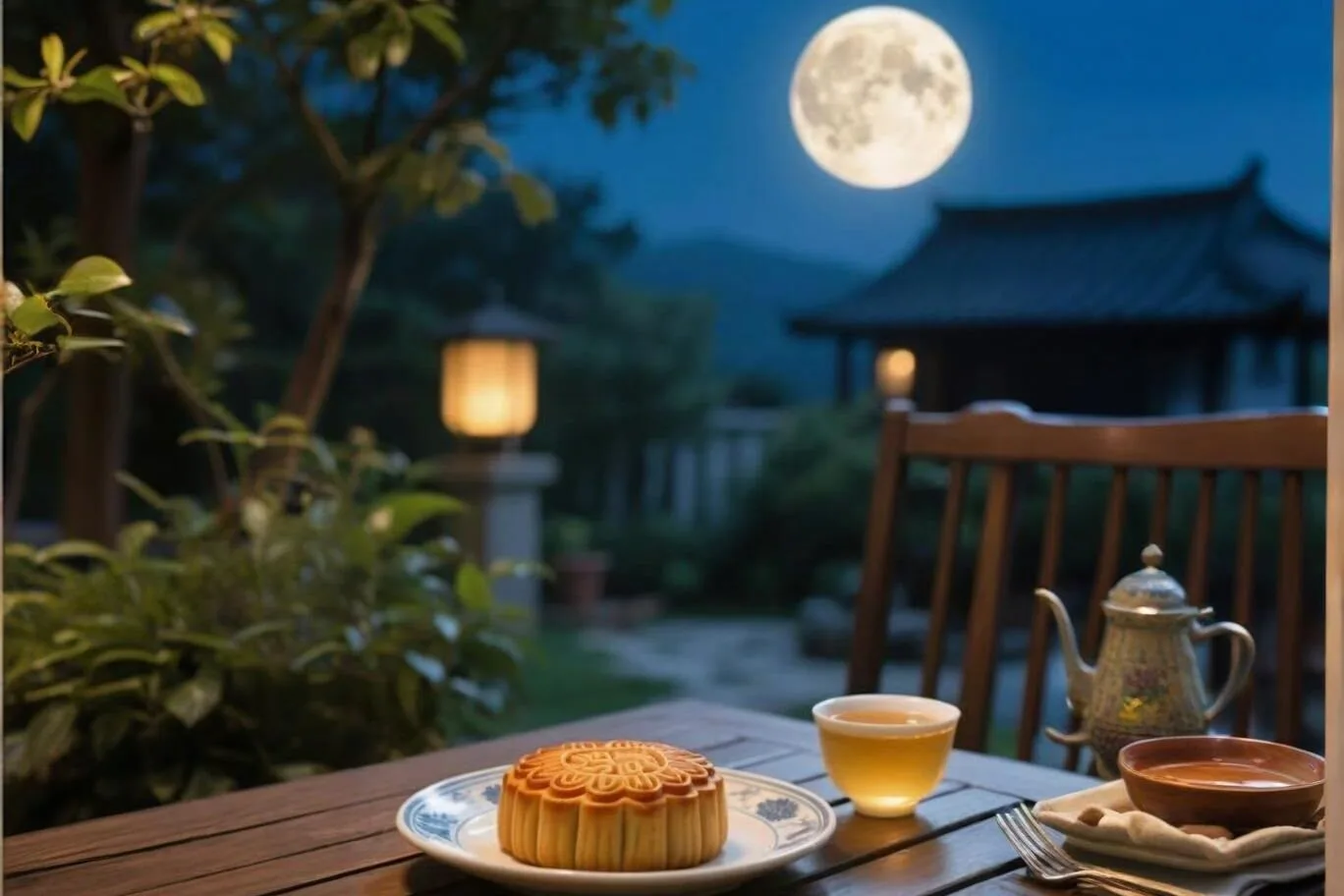 Traditional Chinese mooncakes with tea on a wooden table