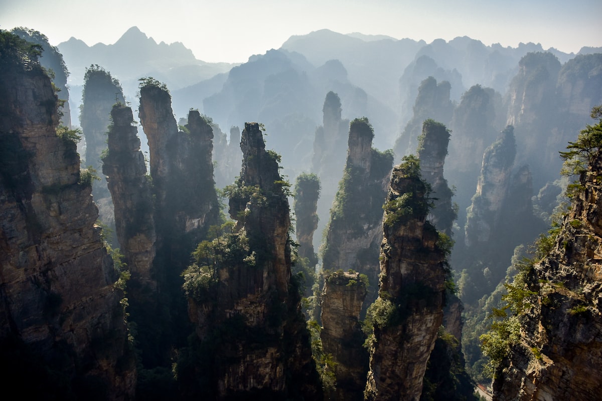 Zhangjiajie's quartz-sandstone pillars rising through morning mist — the real-life landscape that inspired Avatar's floating Hallelujah Mountains