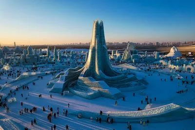 Harbin Ice and Snow World with massive illuminated ice sculptures at night