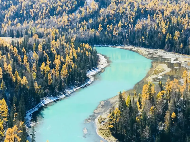 Aerial view of Kanas Lake in Xinjiang, turquoise water surrounded by dense forest and snow-dusted mountains