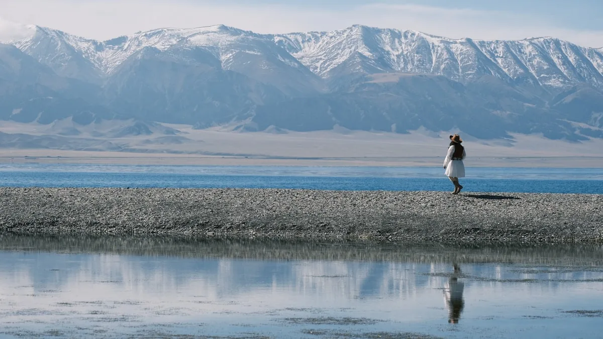 Sayram Lake in Xinjiang — brilliant turquoise water ringed by Tianshan snow peaks and wildflower meadows, the "last tear of the Atlantic"