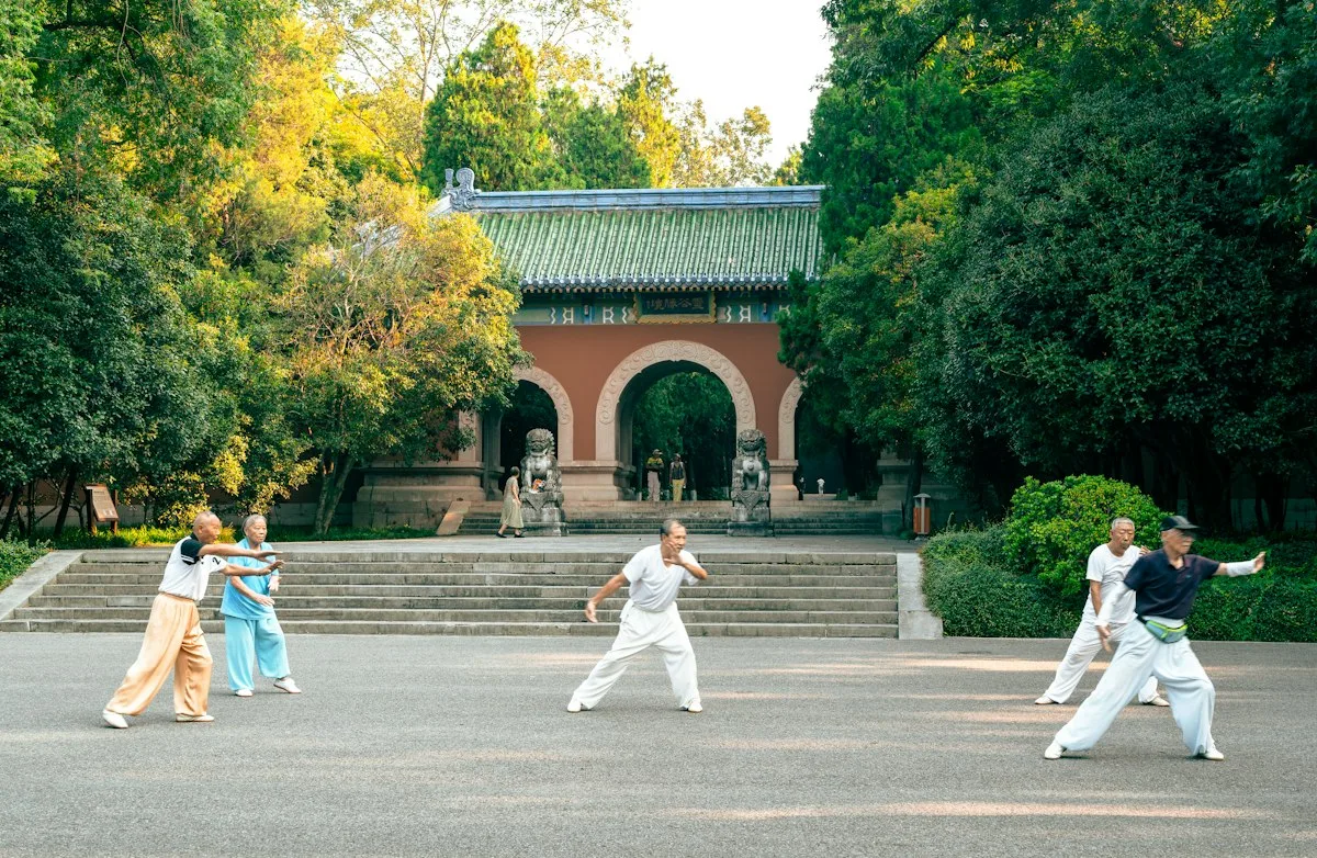 People practising tai chi on a paved square in front of a traditional Chinese gate, with trees behind