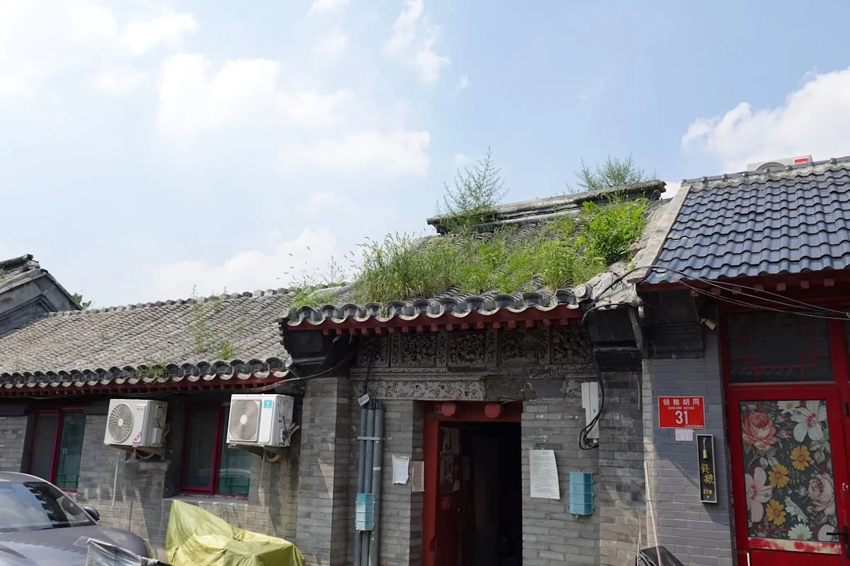 A grey-brick courtyard gateway in a Beijing hutong, with grass on the roof and a lane-number plaque above the door
