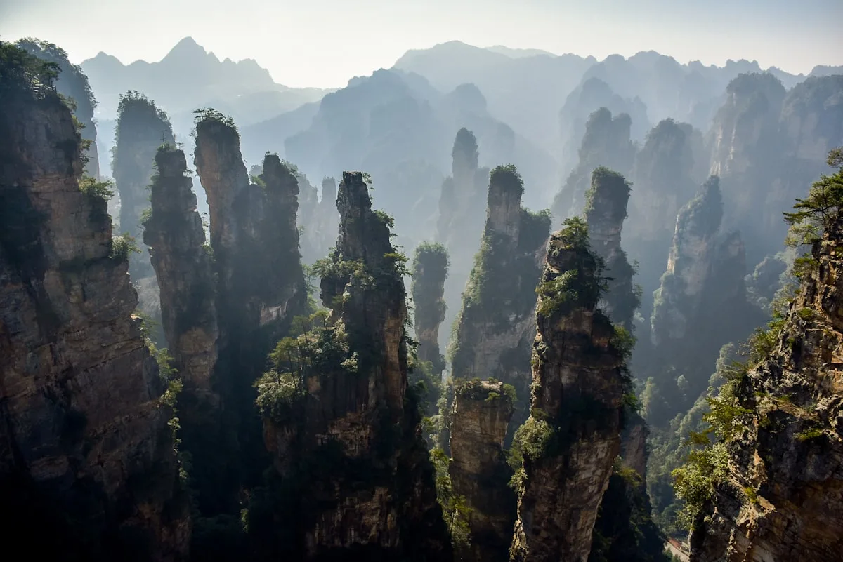 Pilares de arenito quartzito de Zhangjiajie elevando-se na névoa matinal, a paisagem real que inspirou as montanhas flutuantes de Avatar