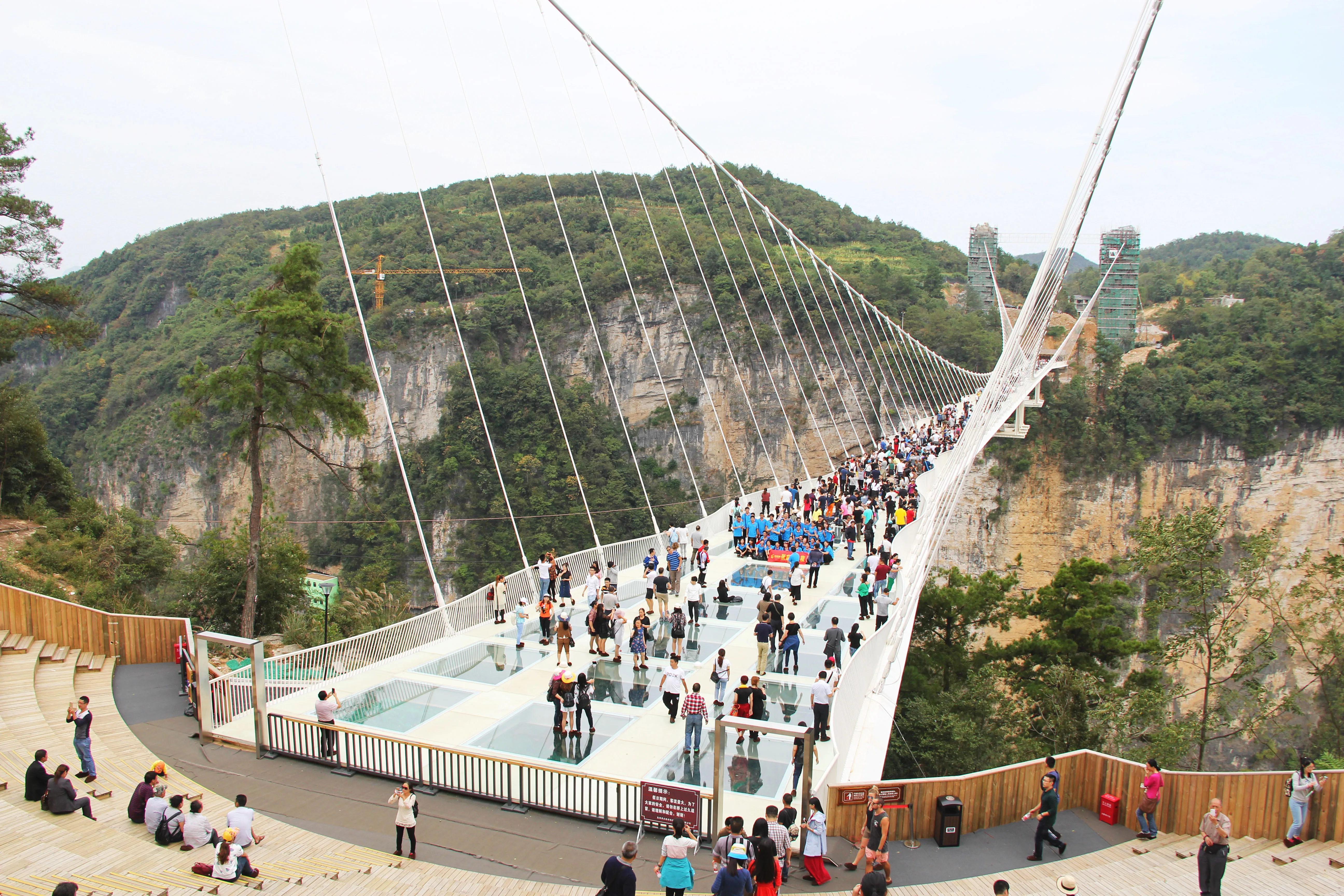 A crowd of visitors crossing the transparent deck, with the cable-stayed support cables and canyon walls behind