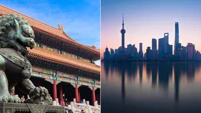 Beijing's Forbidden City on the left, Shanghai's skyline on the right