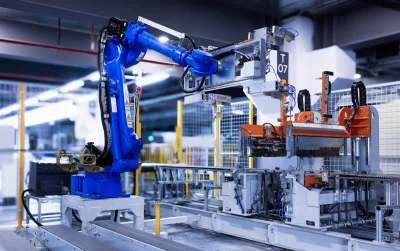 Blue robotic arms assembling vehicles inside a Chinese electric vehicle factory