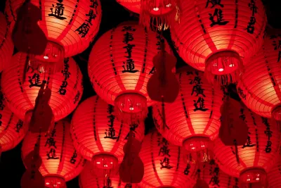 Red Chinese lanterns with auspicious characters for Spring Festival
