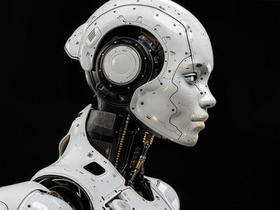 A white humanoid robot standing in front of a black background — China's AI future